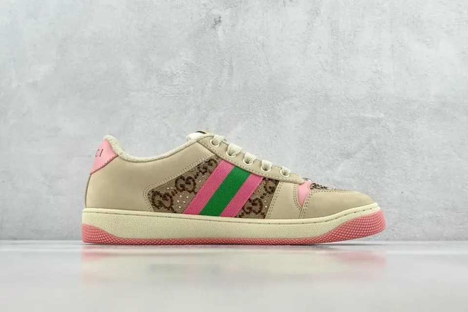 Gucci Screener low-top sneaker beige pink green canvas leather with signature web stripe