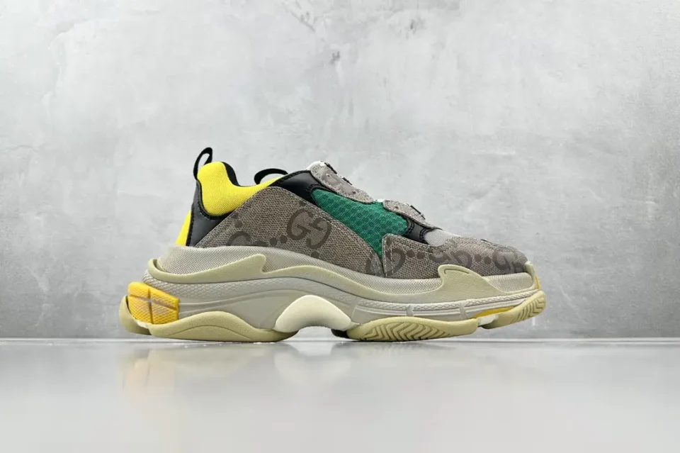 Gucci Rhyton GG logo beige green yellow leather sneakers with chunky sole