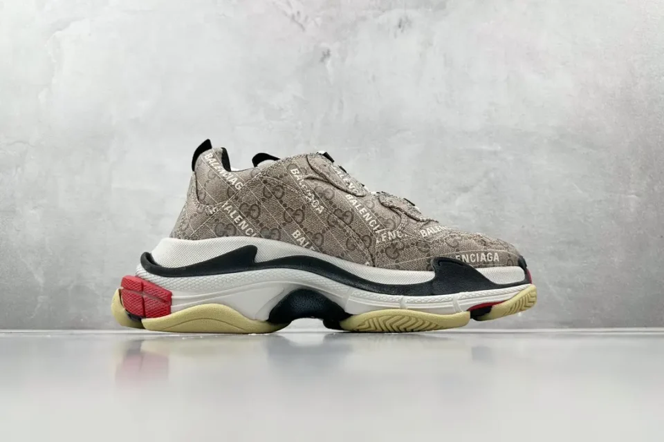 Balenciaga Triple S sneaker beige monogram canvas black white red rubber sole shoes
