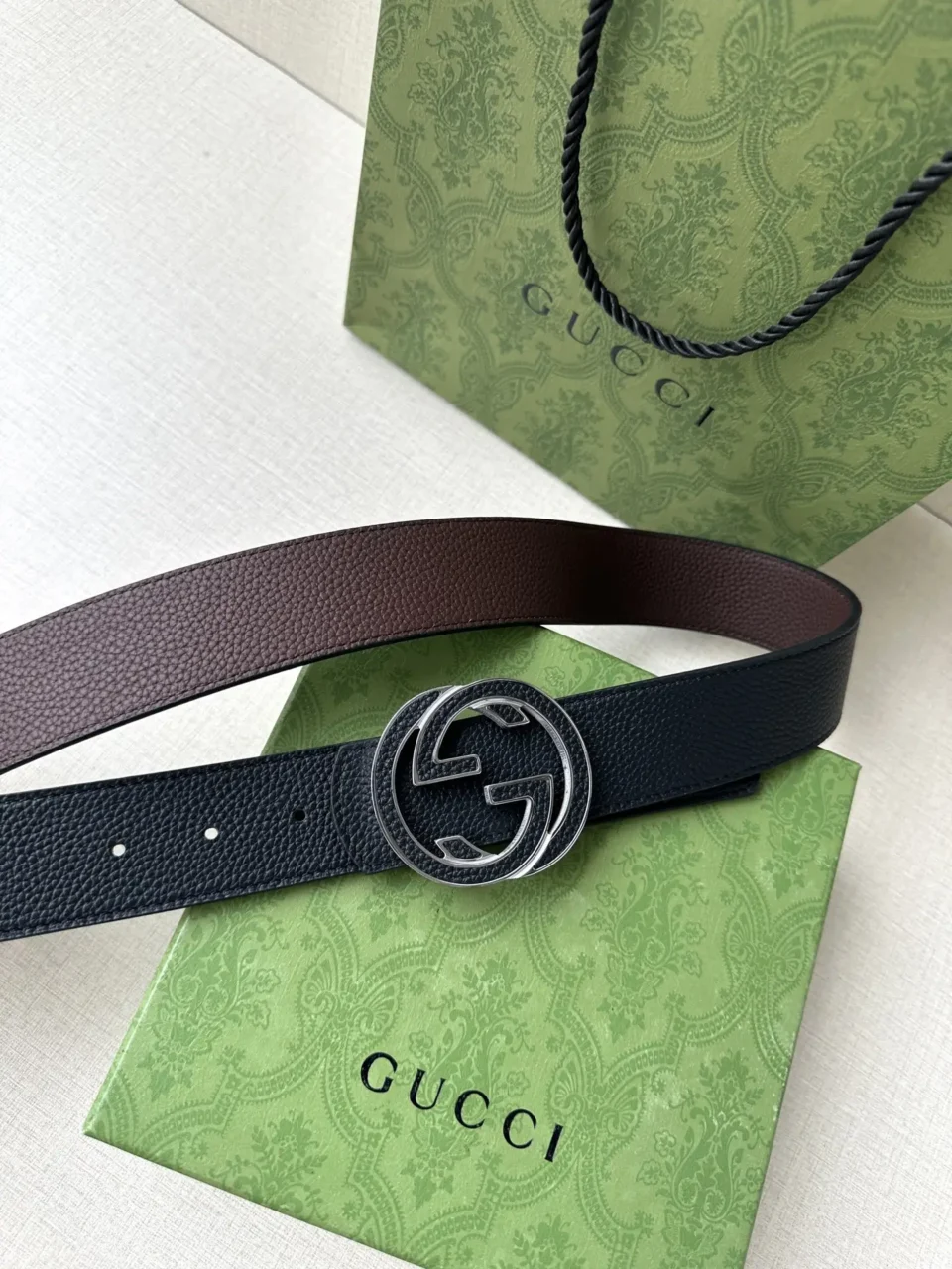 Gucci GG belt black and brown leather reversible strap double G silver buckle accessory