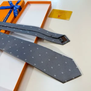 Louis Vuitton tie gray silk fabric with LV monogram pattern and blue gift box packaging