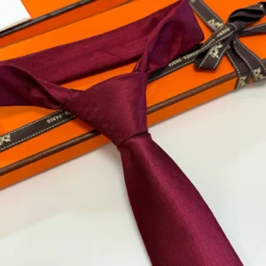 Hermès tie burgundy silk textured pattern luxury men's accessory with branded orange box and ribbon