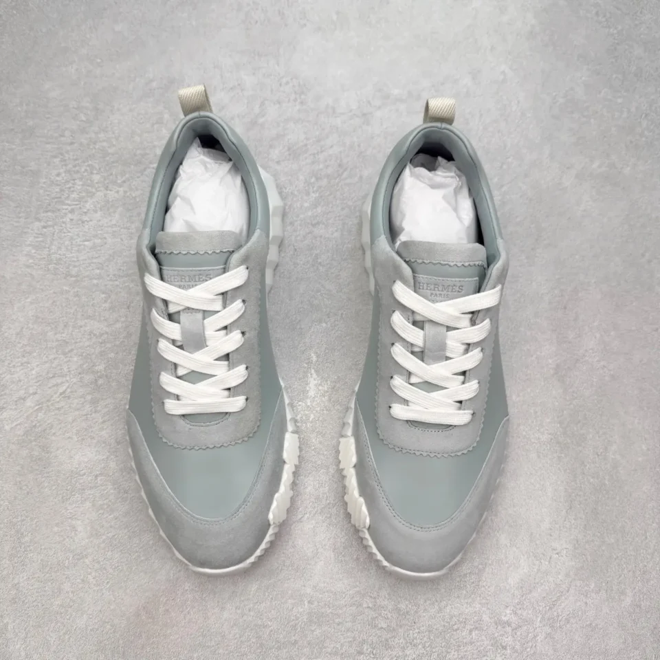 Hermès Sneaker Low Top grey blue suede leather sneakers with white soles and laces