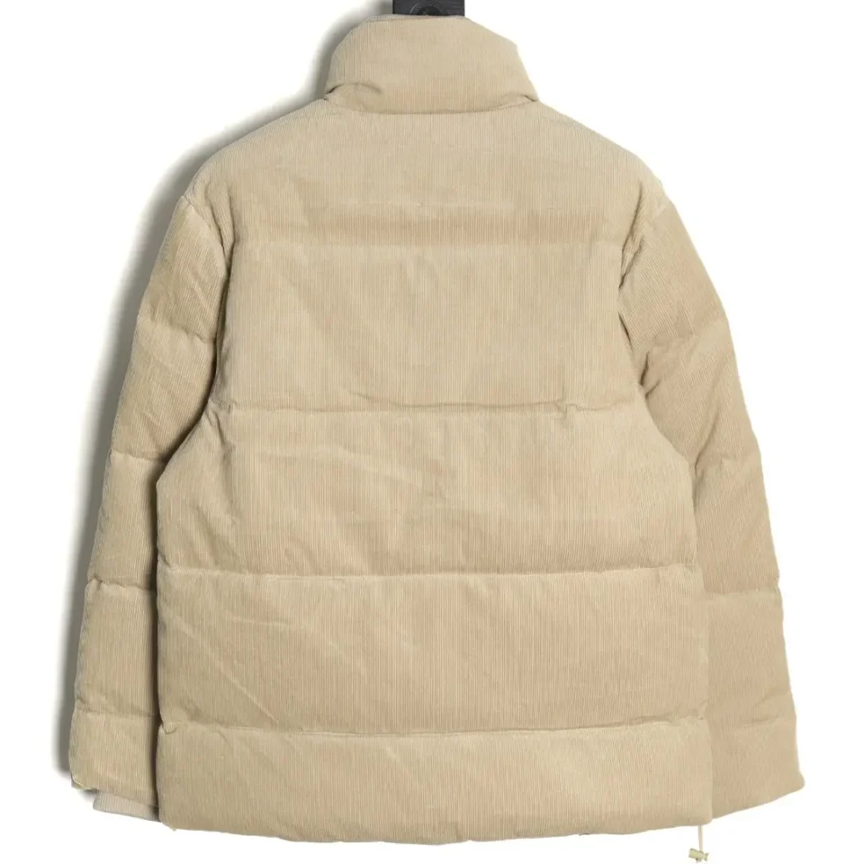 No brand or model information available for the beige corduroy puffer jacket shown from the back