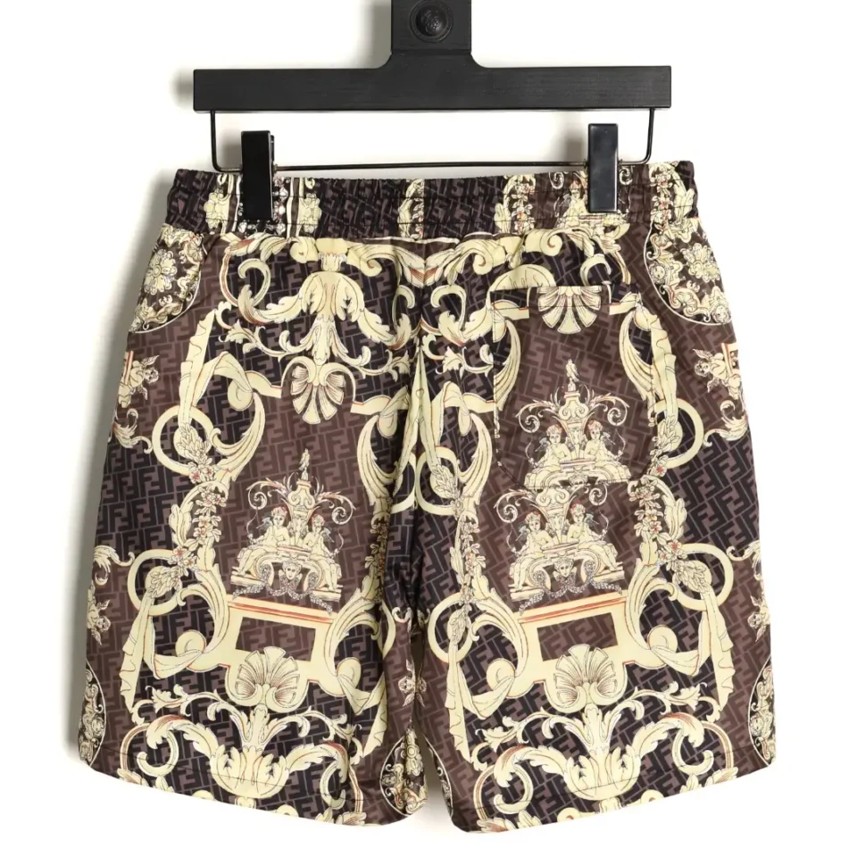 Fendi swim shorts brown beige baroque print lightweight fabric elastic waistband