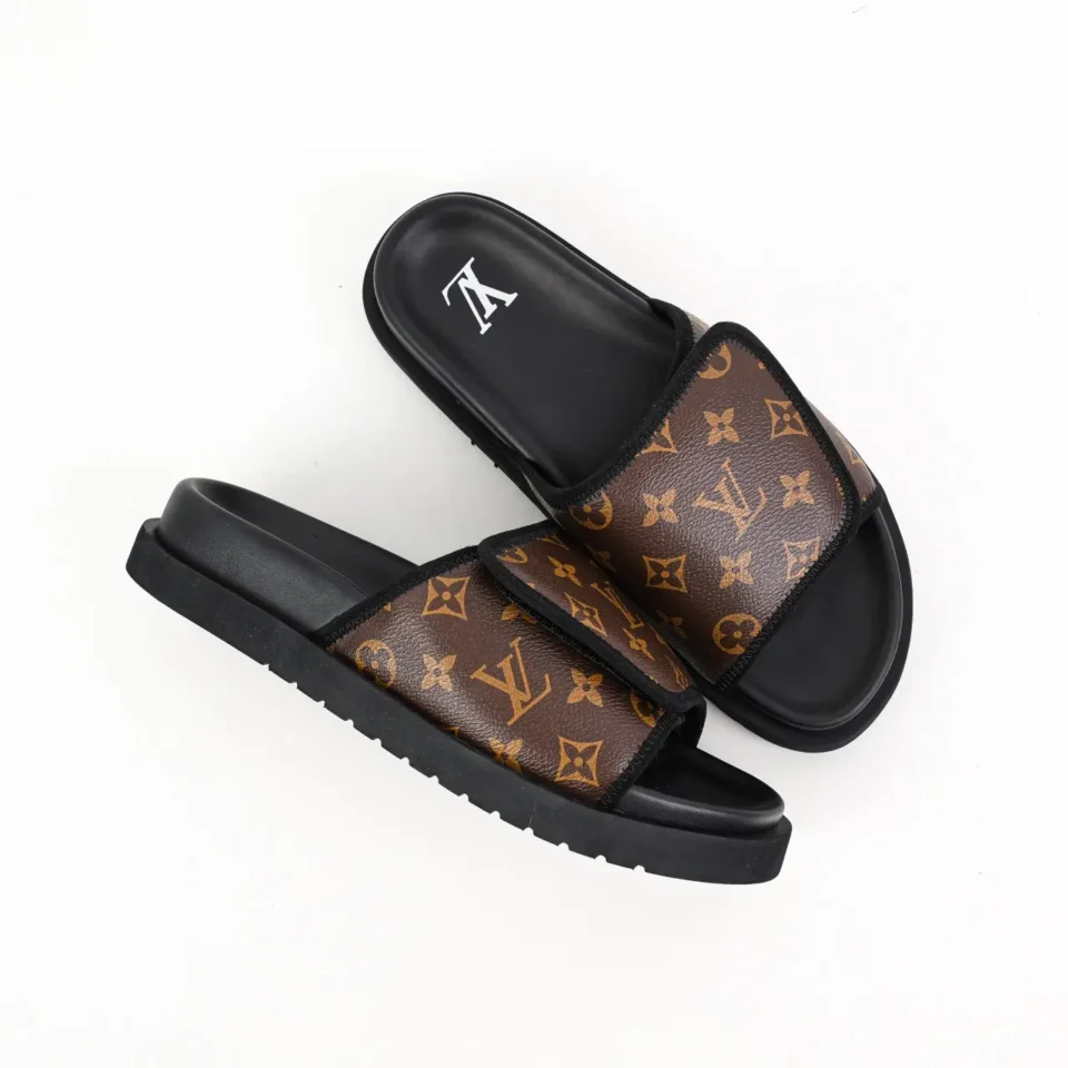 Louis Vuitton Slide Sandals Monogram brown canvas black rubber sole slippers for men