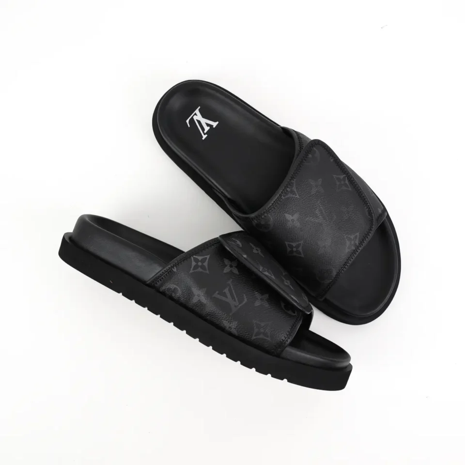 Louis Vuitton outdoor slide sandals black monogram leather rubber sole casual footwear