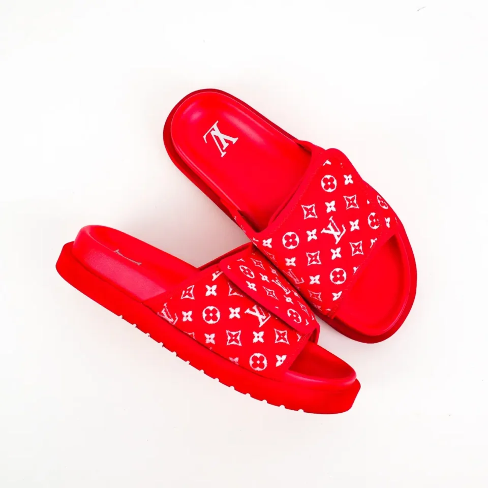 Louis Vuitton slides red colorway monogram canvas and rubber sole sandals