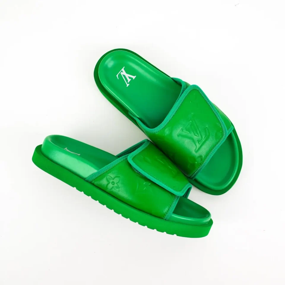 Louis Vuitton Lock It Slide Sandals bright green leather embossed monogram slides