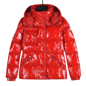 Moncler Maya jacket shiny red nylon puffer winter coat with high collar and zip pockets