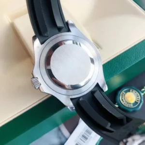 Rolex Submariner stainless steel case black rubber strap watch back view with secure screw-down case back