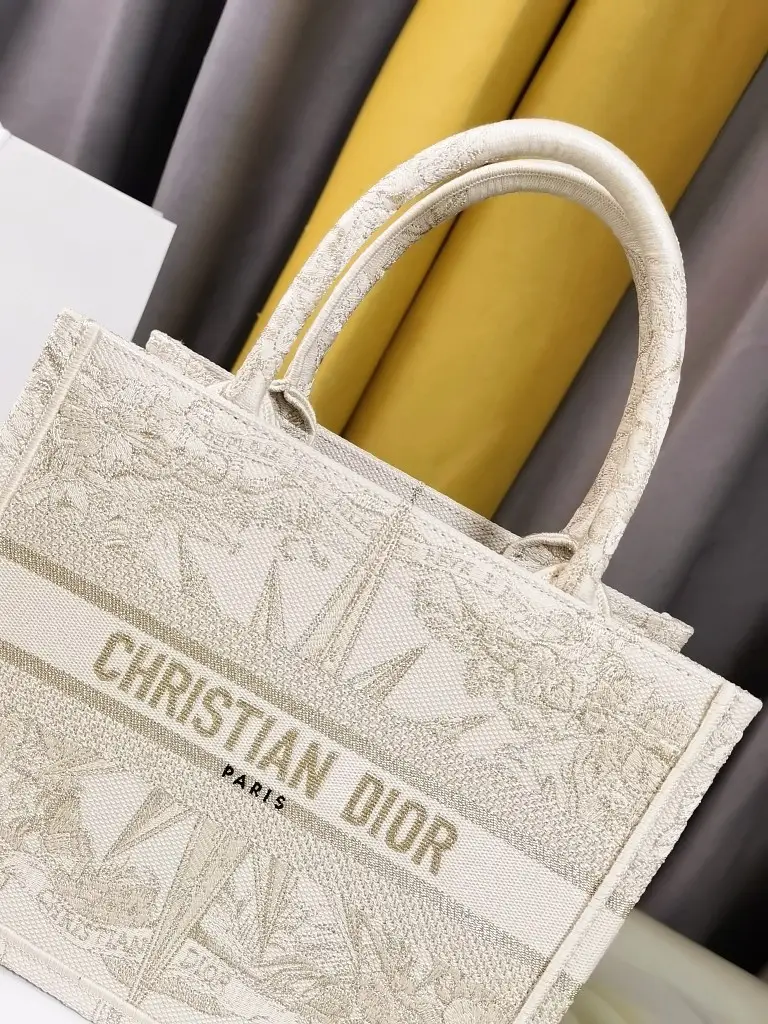 Christian Dior Book Tote medium bag beige embroidered canvas with top handles and logo embroidery