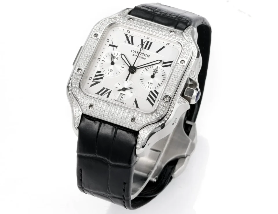 Cartier Santos 100 diamond bezel white dial stainless steel watch with black leather strap