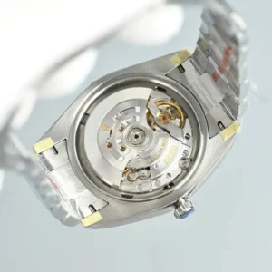 Rolex Oyster Perpetual stainless steel watch with visible automatic movement and metal bracelet