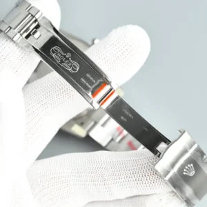 Rolex watch stainless steel bracelet clasp with engraved logo and Geneva markings on silver metal material