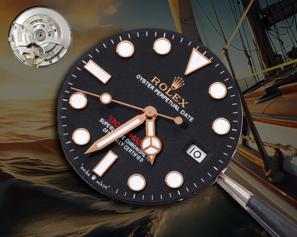 Rolex Yacht-Master black dial rose gold bezel stainless steel watch dial with date window and chronometer movement close-up