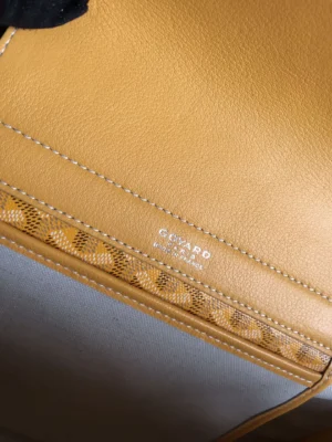 Goyard tote bag yellow leather canvas interior stitching made in France logo detailing