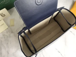 Goyard Saint Louis PM tote bag navy blue canvas leather trim interior beige lining