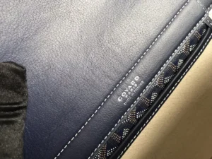 Goyard bag navy blue leather with signature chevron canvas trim small size