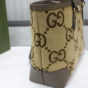 Gucci tote bag medium beige brown GG canvas leather trim gold hardware