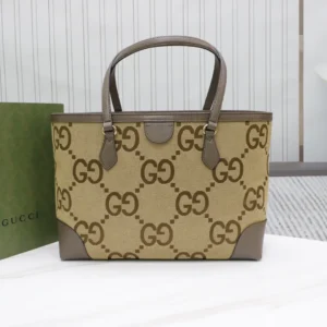 Gucci tote bag medium beige brown GG canvas leather trim handles handbag
