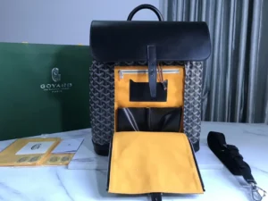 Goyard Saint Sulpice Backpack medium black leather coated canvas with yellow interior and leather strap