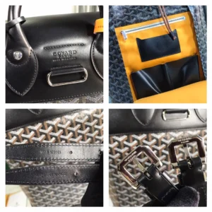 Goyard Saint Louis PM Malle Black canvas tote bag black leather trim with yellow interior lining and silver buckles