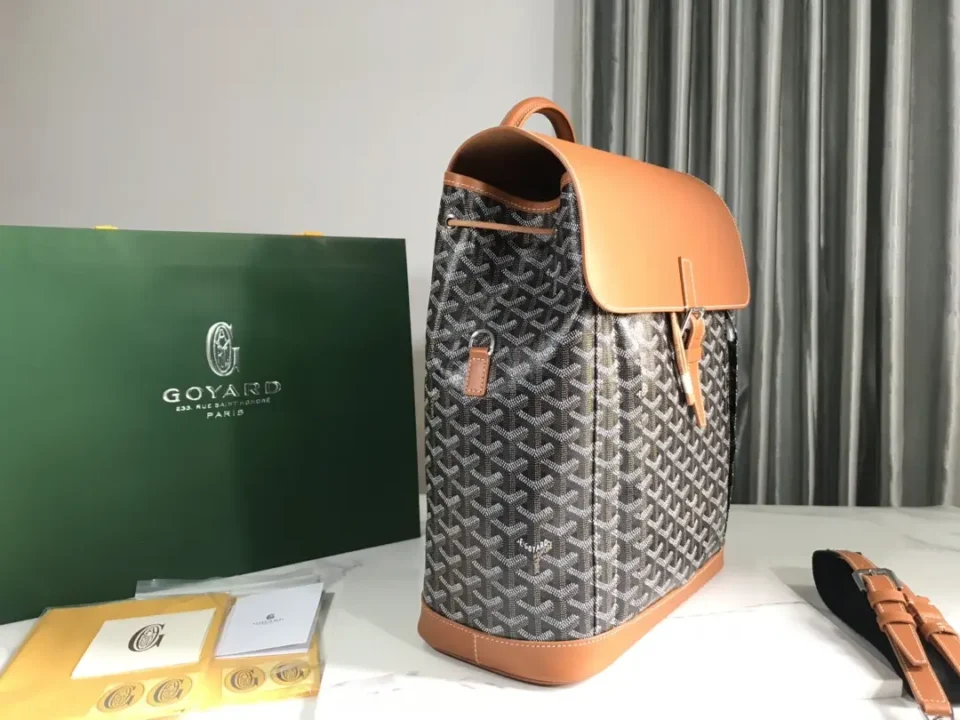 Goyard backpack medium size GM0031 black monogram canvas tan leather trim bag