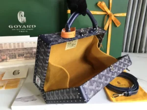 Goyard Saigon GM blue monogram canvas leather trim top handle bag with yellow interior lining
