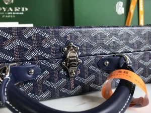Goyard Aligator 25 small navy blue monogram canvas leather trimmed handbag with silver hardware