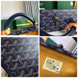 Goyard Saint Louis small tote bag navy blue coated canvas leather trim with signature chevron pattern