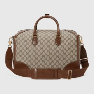 Gucci GG Supreme canvas duffle bag beige brown leather medium size with adjustable shoulder strap