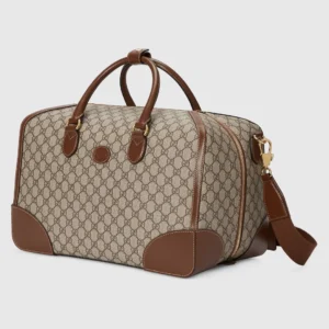 Gucci GG Supreme duffle bag medium beige canvas brown leather trim with gold hardware