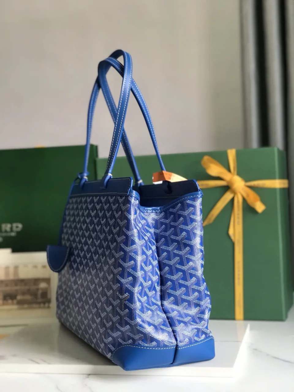 Goyard St. Louis MM Tote bag blue canvas leather trim shoulder bag