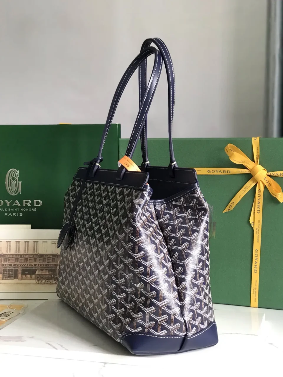 Goyard Saint Louis GM tote bag navy blue coated canvas leather trim spacious design
