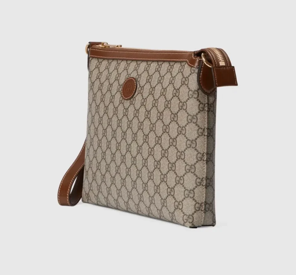 Gucci GG Supreme canvas crossbody bag medium beige brown leather accents zip closure