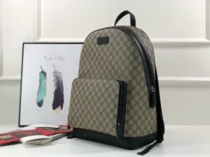 Gucci backpack GG Supreme medium beige brown canvas black leather trim bag