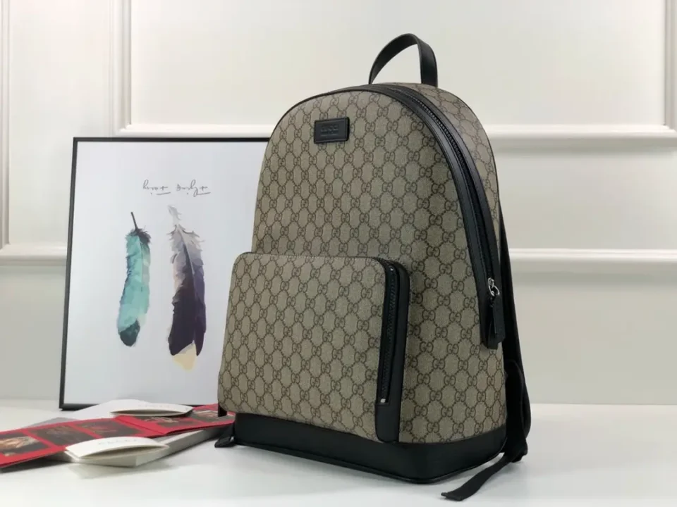 Gucci backpack GG Supreme medium beige brown canvas black leather trim bag