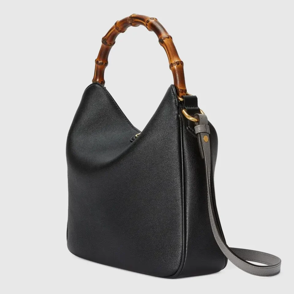 Gucci Diana medium black leather shoulder bag with bamboo handle and detachable strap