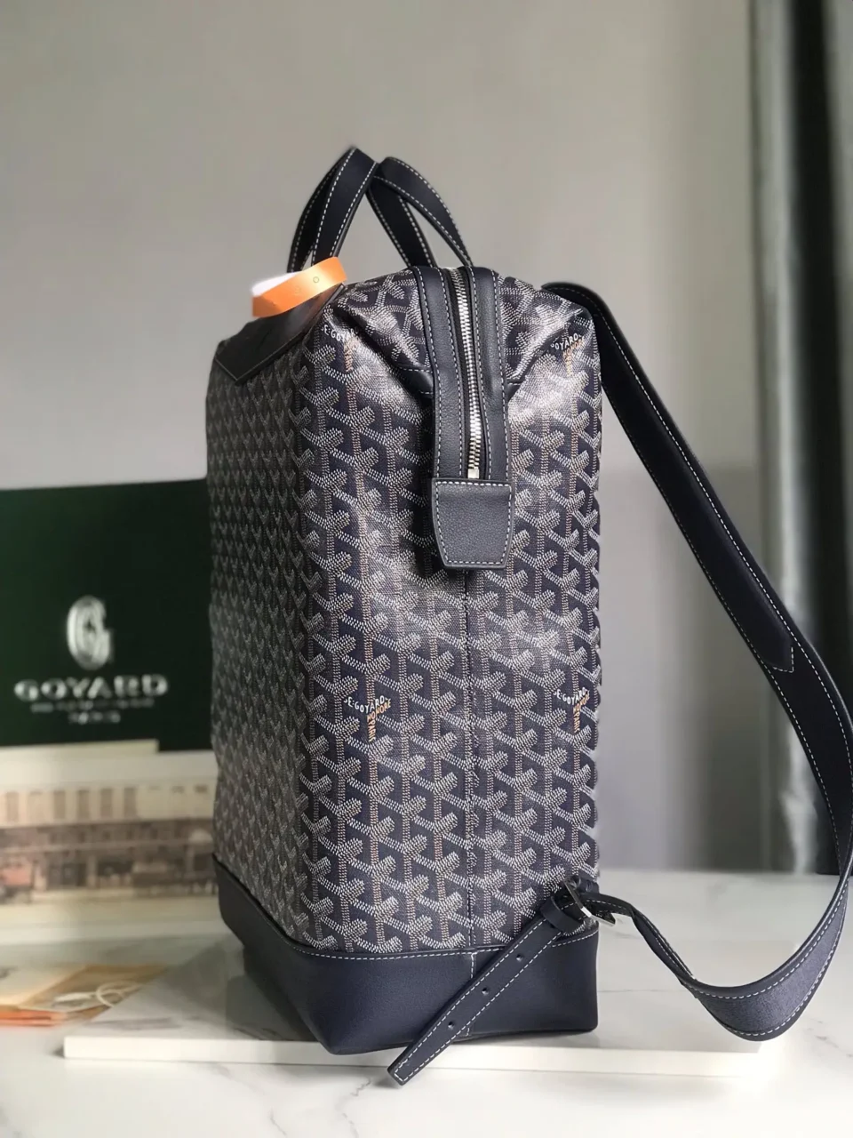 Goyard Saint Louis GM tote bag navy blue chevron canvas with black leather trim and handles