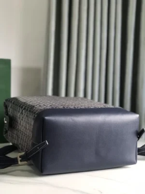 Goyard Anjou PM bag navy blue leather bottom brown and black chevron canvas