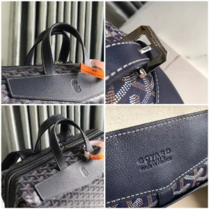 Goyard Alpin 30 Malle 2023 navy blue coated canvas leather travel bag with silver hardware buckle
