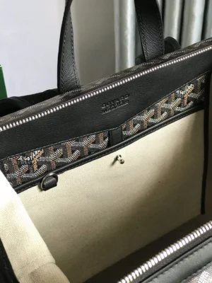 Goyard Saint Louis PM tote bag black canvas with signature chevron pattern leather trim