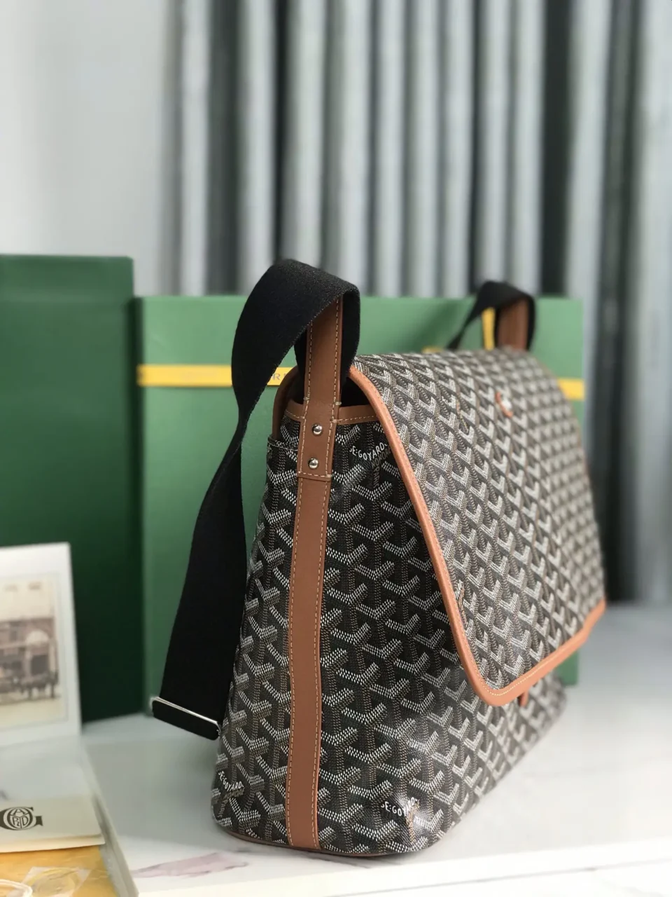 Goyard Messenger Bag medium black brown canvas leather trim shoulder strap