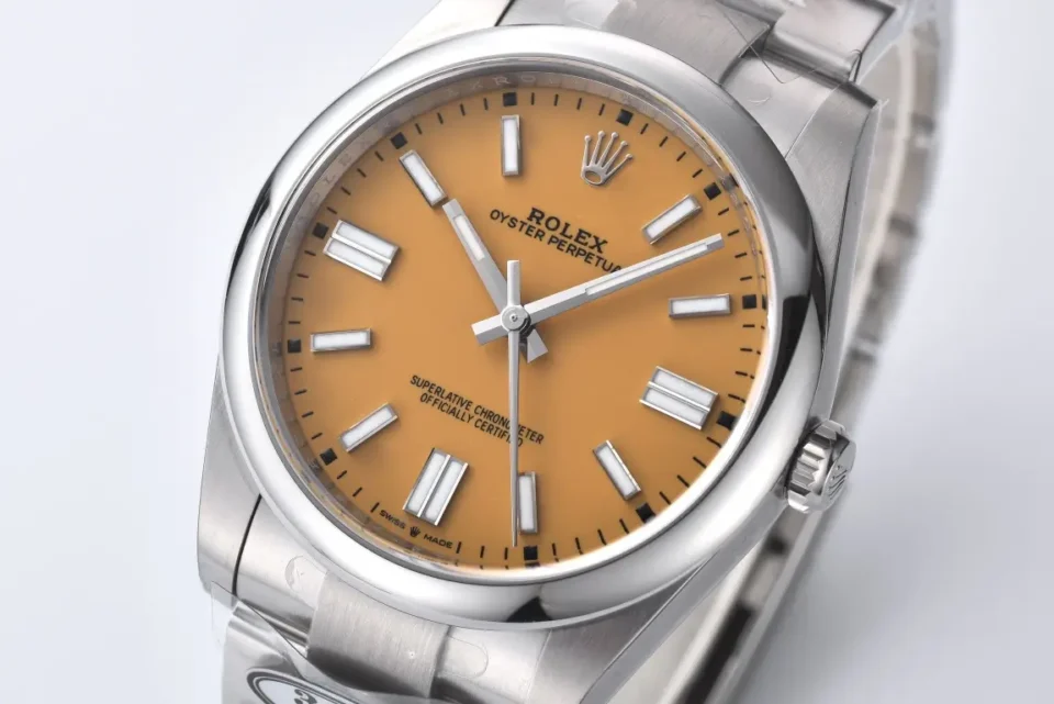 Rolex Oyster Perpetual yellow dial stainless steel bezel stainless steel watch