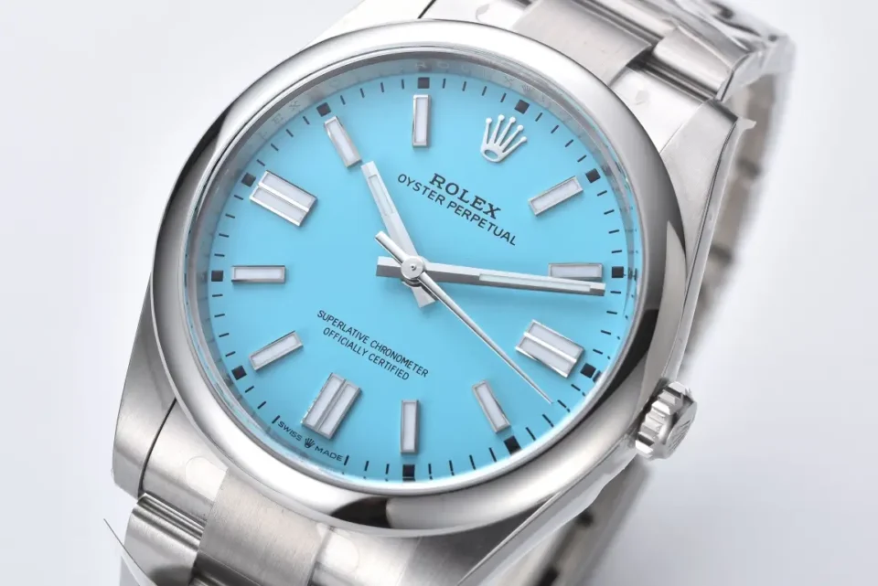 Rolex Oyster Perpetual turquoise dial stainless steel bezel stainless steel watch