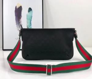 Gucci crossbody bag medium black embossed canvas with green red webbing adjustable strap