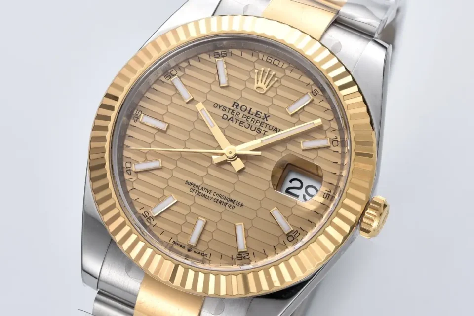 Rolex Datejust Oyster Perpetual honeycomb dial yellow gold fluted bezel stainless steel watch