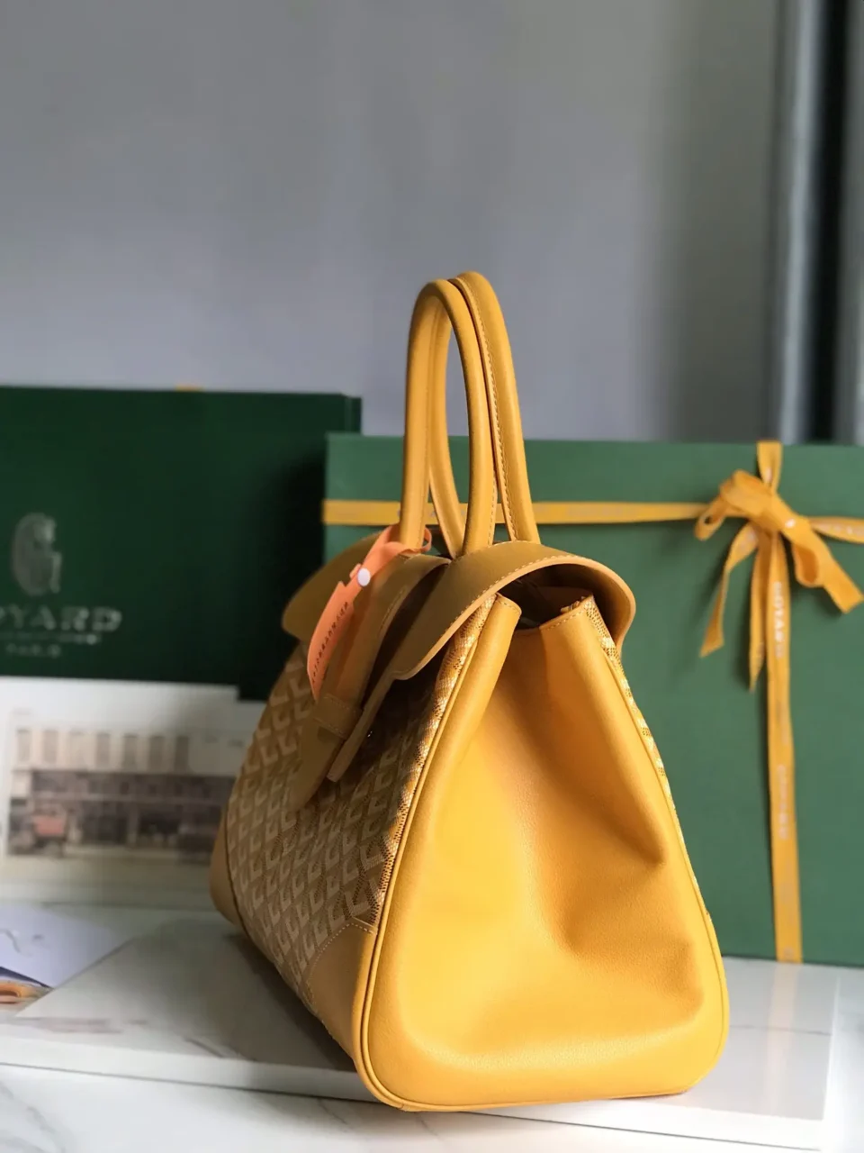 Goyard Saint Louis PM bag yellow coated canvas leather medium tote handbag