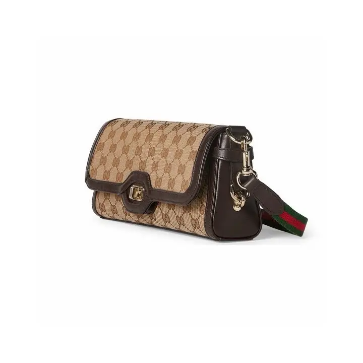 Gucci 1955 Horsebit 23 small shoulder bag beige GG canvas brown leather trim